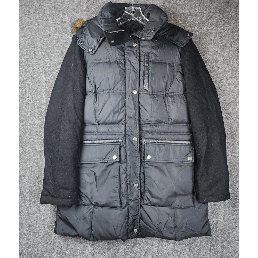 Cole Haan Mixed Media Parka Women Medium Black Faux‎ Fur Hood 35SNO4030